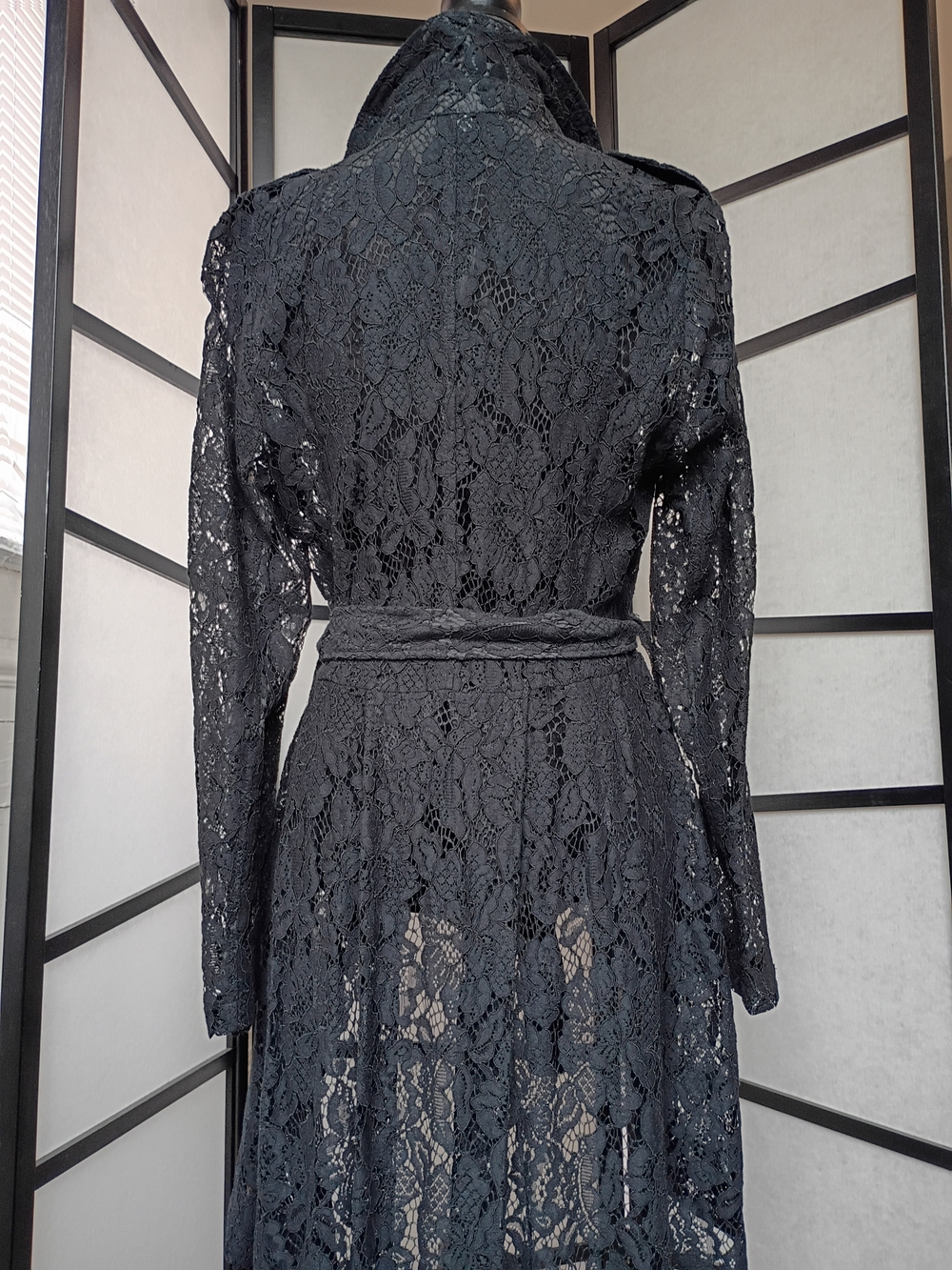 Black Lace Belted Trench Coat - Picture 6 of 8